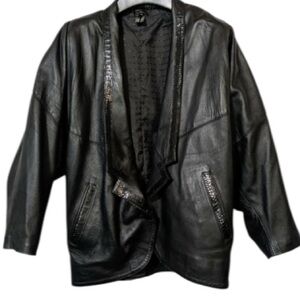 Vintage 80s Snakeskin Batwing Black Leather Jacket Made In Turkey Sz Small Women